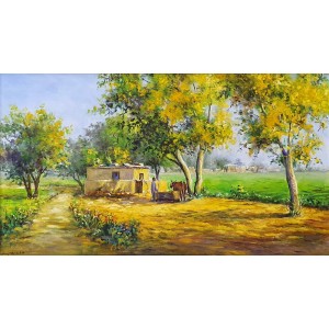 Hanif Shahzad, Village Field, 14 x 26 Inch, Oil on Canvas, Cityscape Painting, AC-HNS-058
